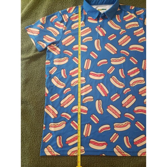 Tipsy Elves Polo Shirt Mens XL Blue Hot Dog AOP All Over Print Golf Stretch Used - Picture 3 of 5